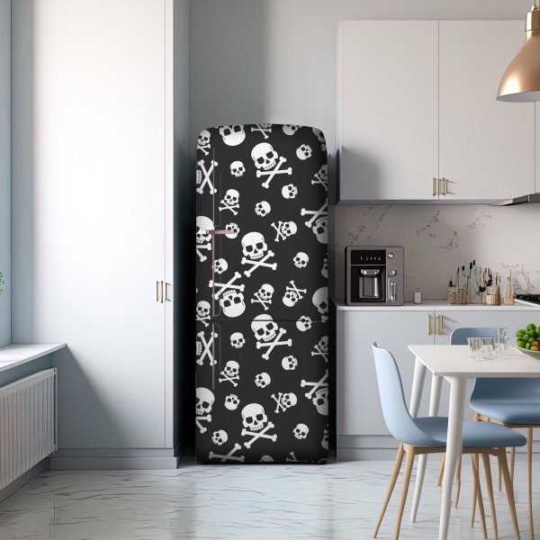 Naklejka na lodówkę biały wzór czaszek na szarym tle – Wallissimo® Naklejka na lodówkę biały wzór czaszek na szarym tle – Wallissimo®