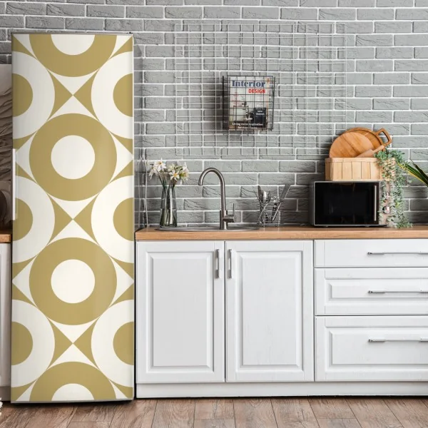 Naklejka na lodówkę złoty geometryczny wzór z kołami – Wallissimo® Naklejka na lodówkę złoty geometryczny wzór z kołami – Wallissimo®