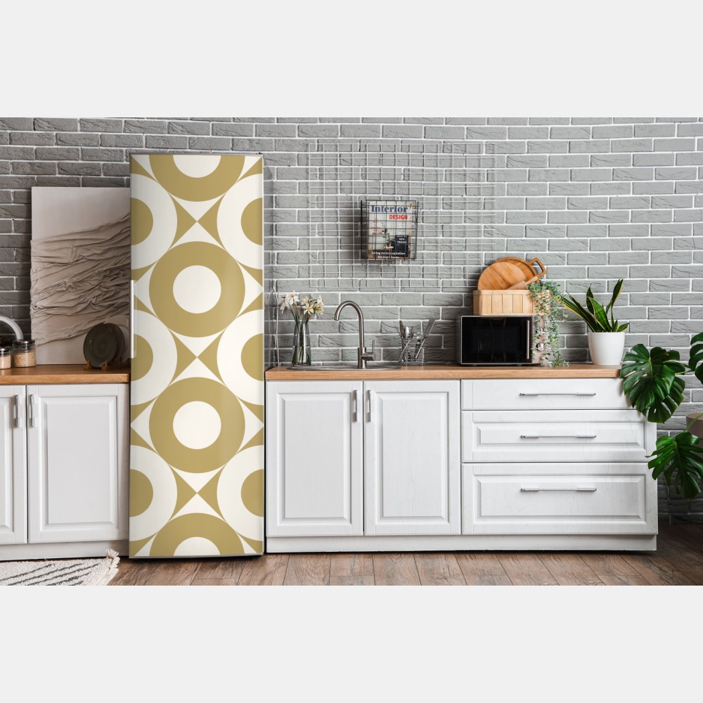 Naklejka na lodówkę złoty geometryczny wzór z kołami – Wallissimo® Naklejka na lodówkę złoty geometryczny wzór z kołami – Wallissimo®