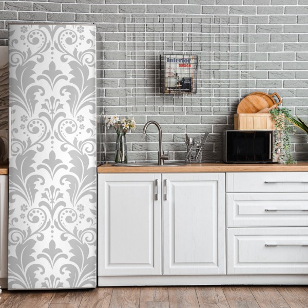 Naklejka na lodówkę elegancki szary wzór damasceński – Wallissimo® Naklejka na lodówkę elegancki szary wzór damasceński – Wallissimo®