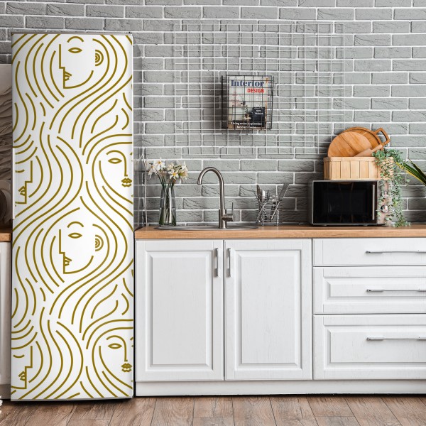 Naklejka na lodówkę złote fale i abstrakcyjne twarze bezszwowy wzór