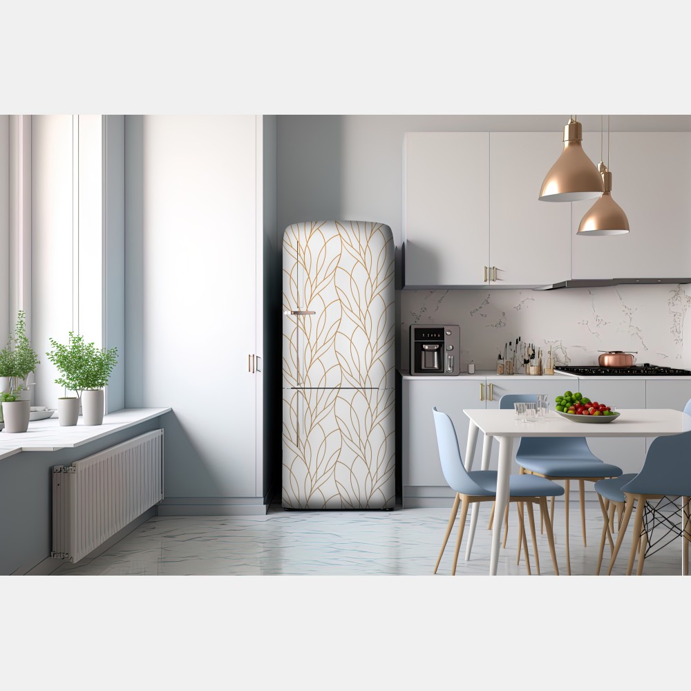 Naklejka na lodówkę złoty wzór liści na białym tle – Wallissimo® Naklejka na lodówkę złoty wzór liści na białym tle – Wallissimo®