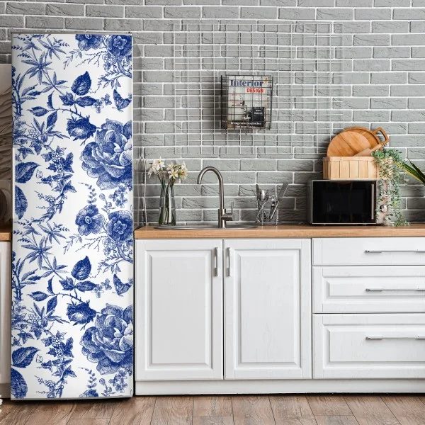 Naklejka na lodówkę delikatny rozproszony wzór kwiatowy na głębokim turkusie – Wallissimo®