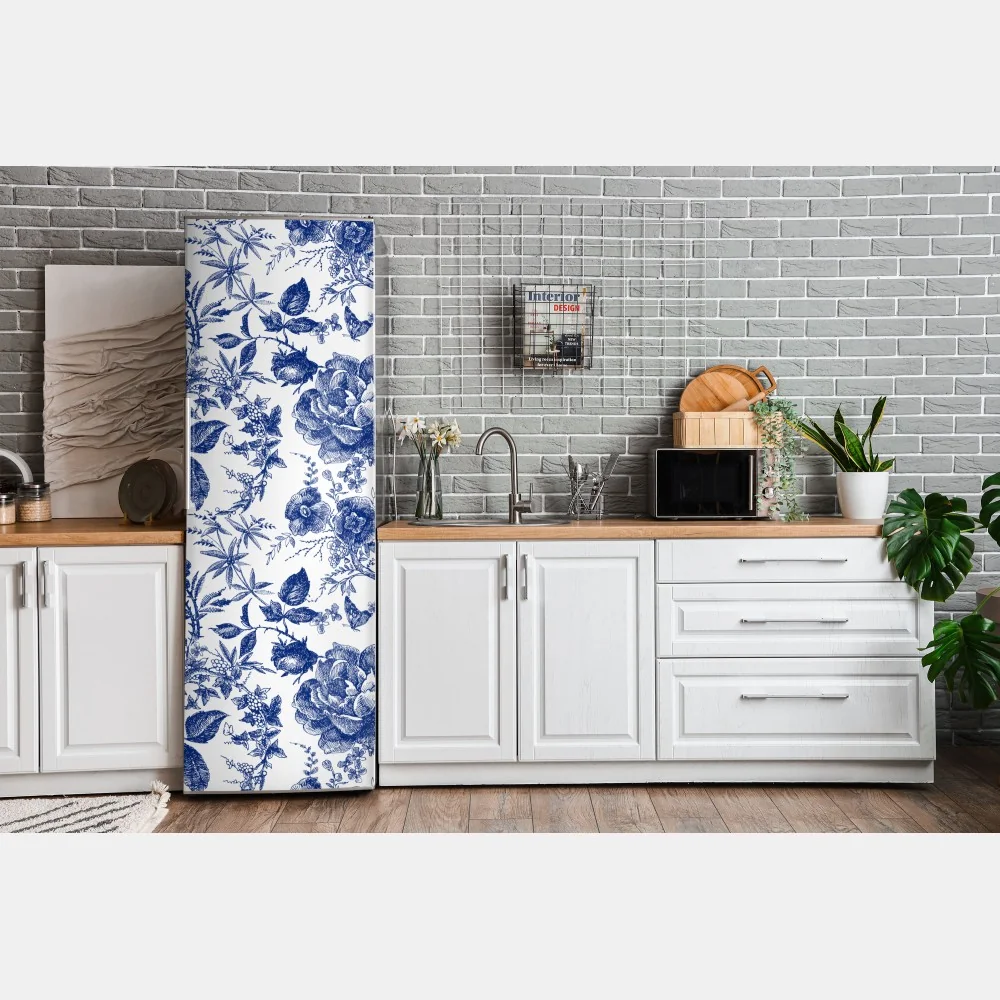 Naklejka na lodówkę niebieski kwiatowy wzór toile – Wallissimo® Naklejka na lodówkę niebieski kwiatowy wzór toile – Wallissimo®