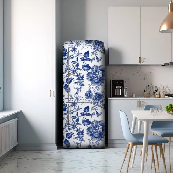 Naklejka na lodówkę niebieski kwiatowy wzór toile – Wallissimo® Naklejka na lodówkę niebieski kwiatowy wzór toile – Wallissimo®