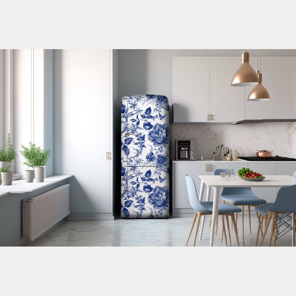 Naklejka na lodówkę niebieski kwiatowy wzór toile – Wallissimo® Naklejka na lodówkę niebieski kwiatowy wzór toile – Wallissimo®