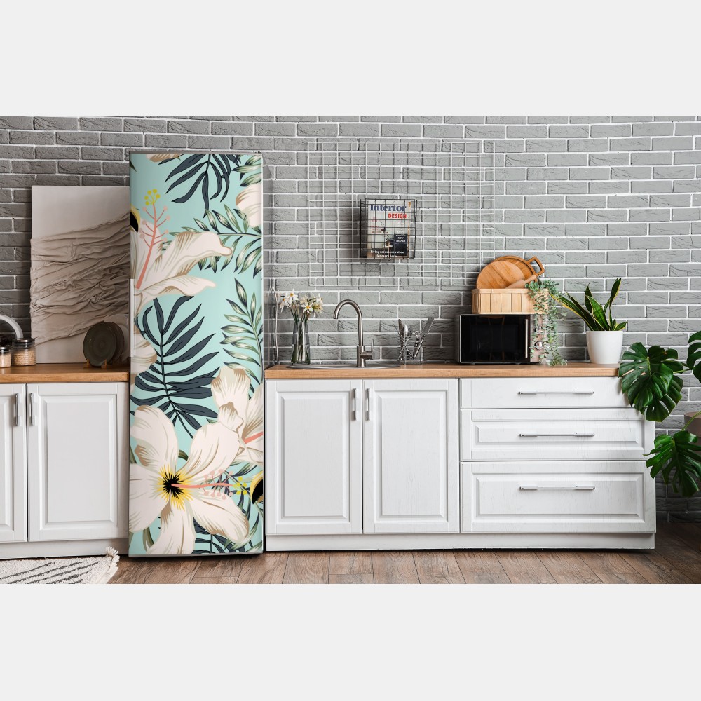 Naklejka na lodówkę tropikalny wzór z tukanem i kwiatami – Wallissimo® Naklejka na lodówkę tropikalny wzór z tukanem i kwiatami – Wallissimo®