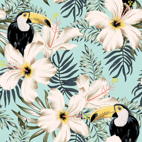 Naklejka na lodówkę tropikalny wzór z tukanem i kwiatami – Wallissimo® Naklejka na lodówkę tropikalny wzór z tukanem i kwiatami – Wallissimo®