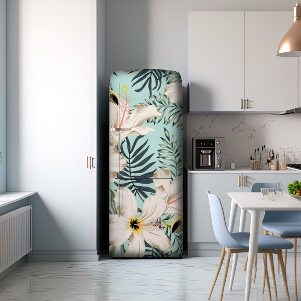 Naklejka na lodówkę tropikalny wzór z tukanem i kwiatami – Wallissimo® Naklejka na lodówkę tropikalny wzór z tukanem i kwiatami – Wallissimo®