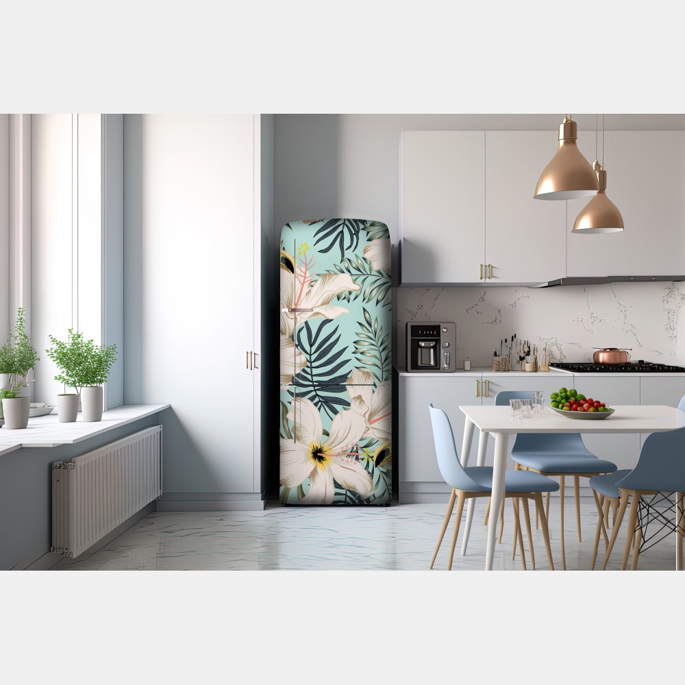 Naklejka na lodówkę tropikalny wzór z tukanem i kwiatami – Wallissimo® Naklejka na lodówkę tropikalny wzór z tukanem i kwiatami – Wallissimo®