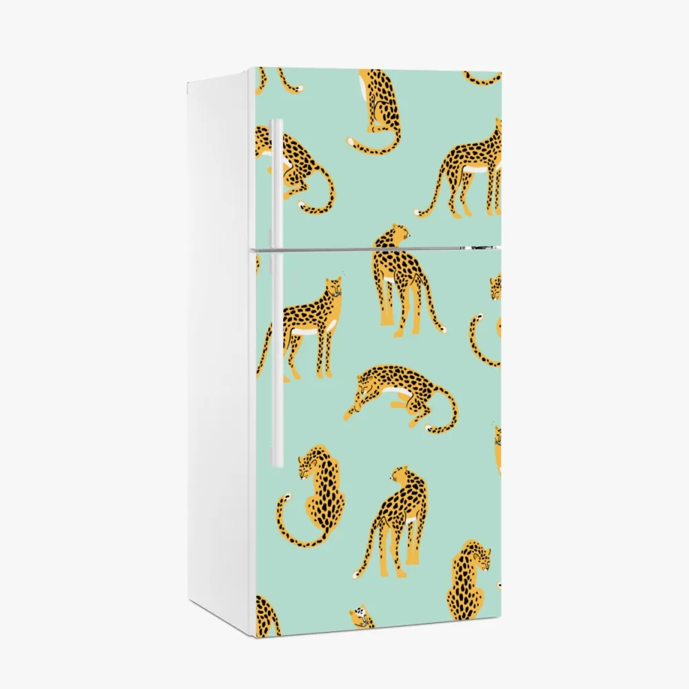 Naklejka na lodówkę zabawny wzór gepardów na turkusowym tle – Wallissimo® Naklejka na lodówkę zabawny wzór gepardów na turkusowym tle – Wallissimo®