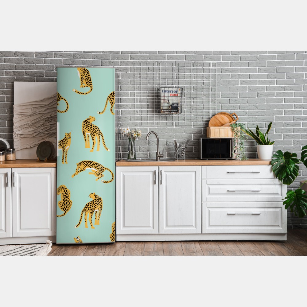Naklejka na lodówkę zabawny wzór gepardów na turkusowym tle – Wallissimo® Naklejka na lodówkę zabawny wzór gepardów na turkusowym tle – Wallissimo®