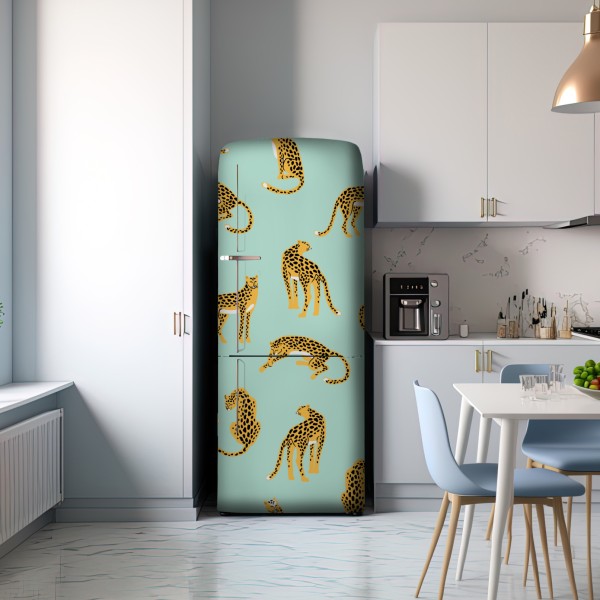 Naklejka na lodówkę zabawny wzór gepardów na turkusowym tle – Wallissimo® Naklejka na lodówkę zabawny wzór gepardów na turkusowym tle – Wallissimo®
