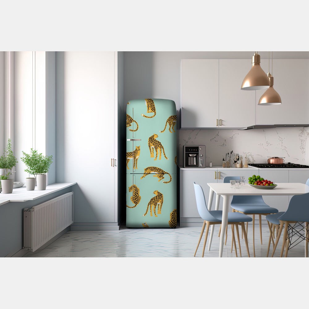 Naklejka na lodówkę zabawny wzór gepardów na turkusowym tle – Wallissimo® Naklejka na lodówkę zabawny wzór gepardów na turkusowym tle – Wallissimo®