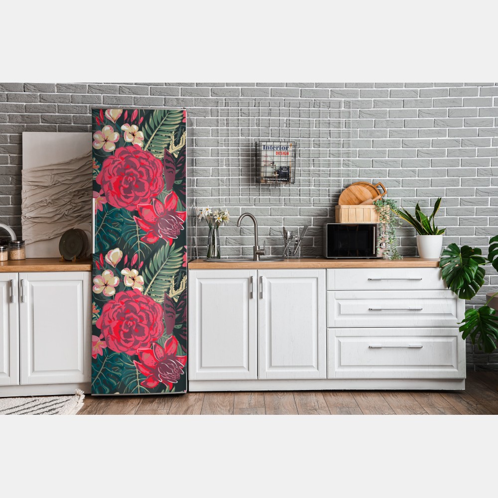 Naklejka na lodówkę tropikalny wzór kwiatowy w różu i turkusie – Wallissimo® Naklejka na lodówkę tropikalny wzór kwiatowy w różu i turkusie – Wallissimo®