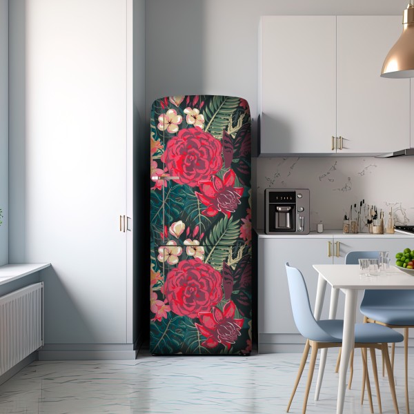 Naklejka na lodówkę tropikalny wzór kwiatowy w różu i turkusie – Wallissimo® Naklejka na lodówkę tropikalny wzór kwiatowy w różu i turkusie – Wallissimo®