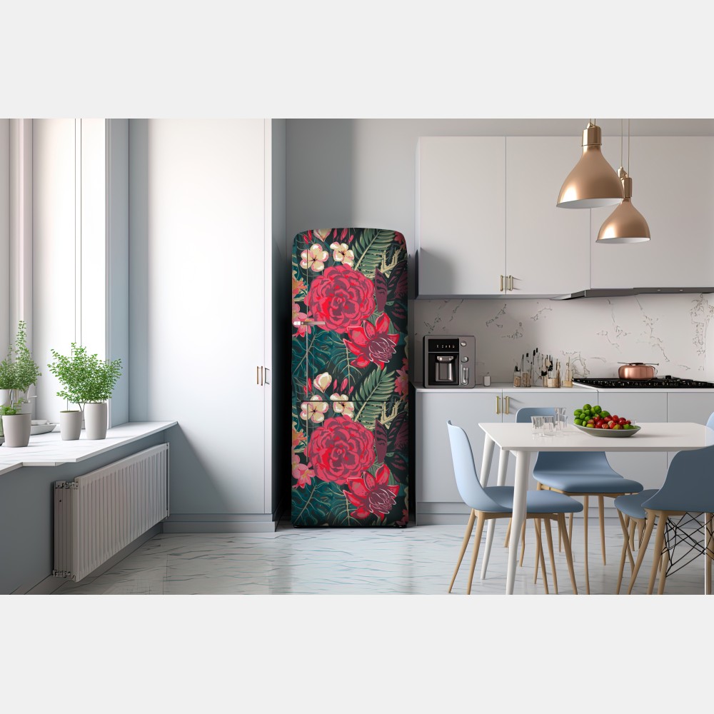 Naklejka na lodówkę tropikalny wzór kwiatowy w różu i turkusie – Wallissimo® Naklejka na lodówkę tropikalny wzór kwiatowy w różu i turkusie – Wallissimo®