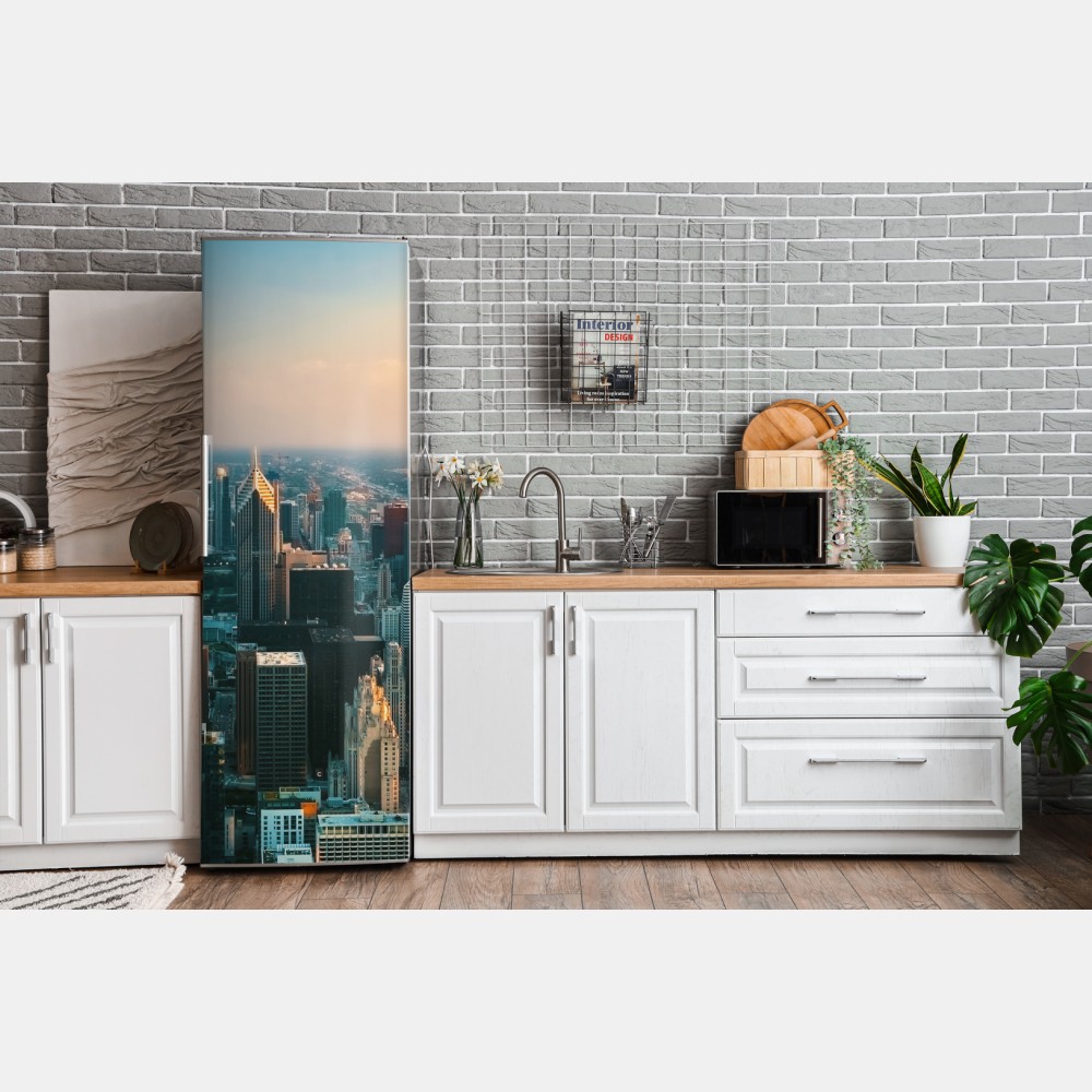 Naklejka na lodówkę Chicago panorama miasta o zachodzie słońca – Wallissimo® Naklejka na lodówkę Chicago panorama miasta o zachodzie słońca – Wallissimo®