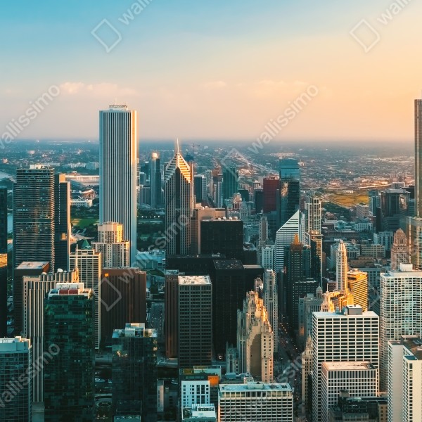 Naklejka na lodówkę Chicago panorama miasta o zachodzie słońca – Wallissimo® Naklejka na lodówkę Chicago panorama miasta o zachodzie słońca – Wallissimo®