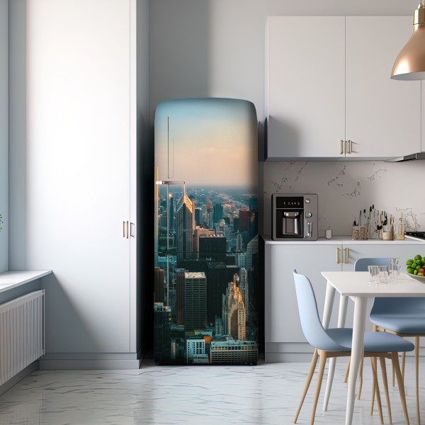 Naklejka na lodówkę Chicago panorama miasta o zachodzie słońca – Wallissimo® Naklejka na lodówkę Chicago panorama miasta o zachodzie słońca – Wallissimo®