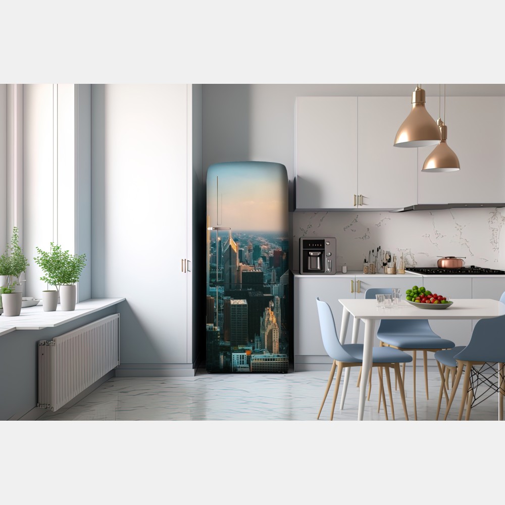 Naklejka na lodówkę Chicago panorama miasta o zachodzie słońca – Wallissimo® Naklejka na lodówkę Chicago panorama miasta o zachodzie słońca – Wallissimo®