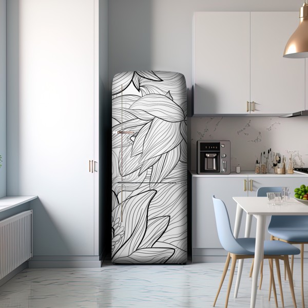Naklejka na lodówkę delikatny rysunek lotosu w czerni i bieli – Wallissimo® Naklejka na lodówkę delikatny rysunek lotosu w czerni i bieli – Wallissimo®