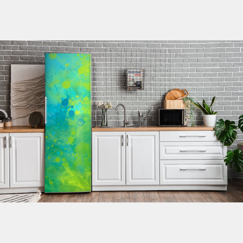 Naklejka na lodówkę intensywna turkusowa akwarela z akcentem limonkowym – Wallissimo® Naklejka na lodówkę intensywna turkusowa akwarela z akcentem limonkowym – Wallissimo®