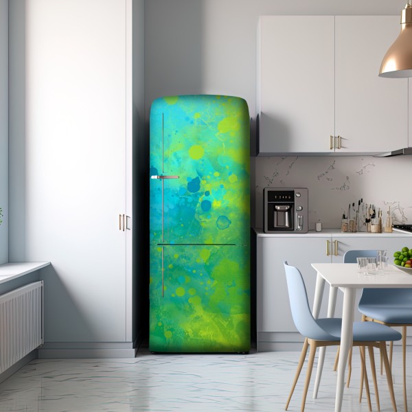 Naklejka na lodówkę intensywna turkusowa akwarela z akcentem limonkowym – Wallissimo® Naklejka na lodówkę intensywna turkusowa akwarela z akcentem limonkowym – Wallissimo®