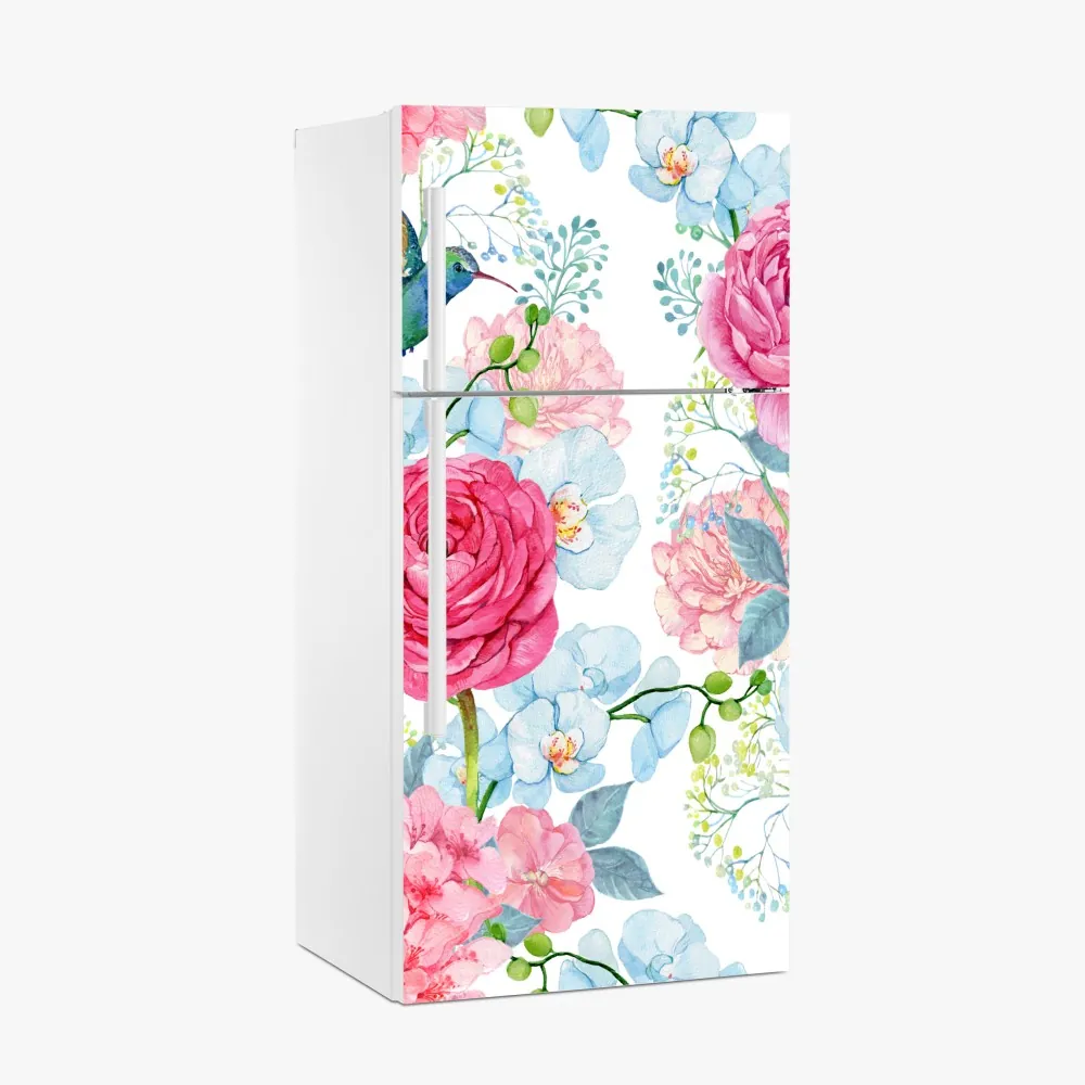 Naklejka na lodówkę różany akwarelowy ogród z kolibrem – Wallissimo® Naklejka na lodówkę różany akwarelowy ogród z kolibrem – Wallissimo®