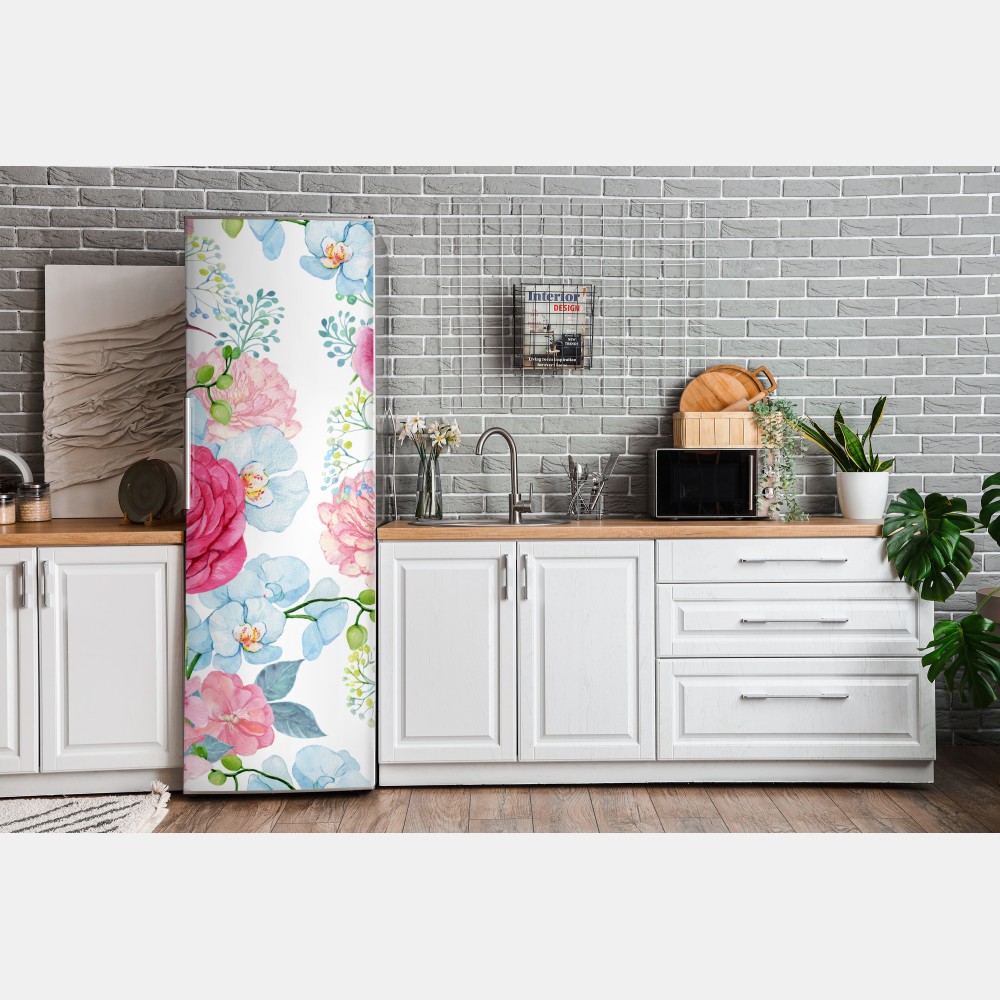 Naklejka na lodówkę różany akwarelowy ogród z kolibrem – Wallissimo® Naklejka na lodówkę różany akwarelowy ogród z kolibrem – Wallissimo®