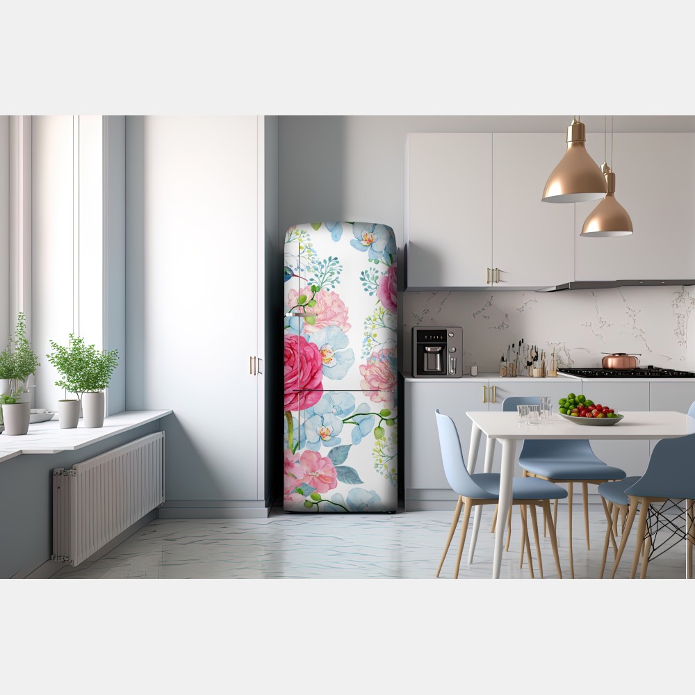 Naklejka na lodówkę różany akwarelowy ogród z kolibrem – Wallissimo® Naklejka na lodówkę różany akwarelowy ogród z kolibrem – Wallissimo®