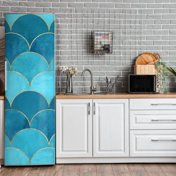 Naklejka na lodówkę turkusowy wzór łusek z złotymi detalami – Wallissimo® Naklejka na lodówkę turkusowy wzór łusek z złotymi detalami – Wallissimo®