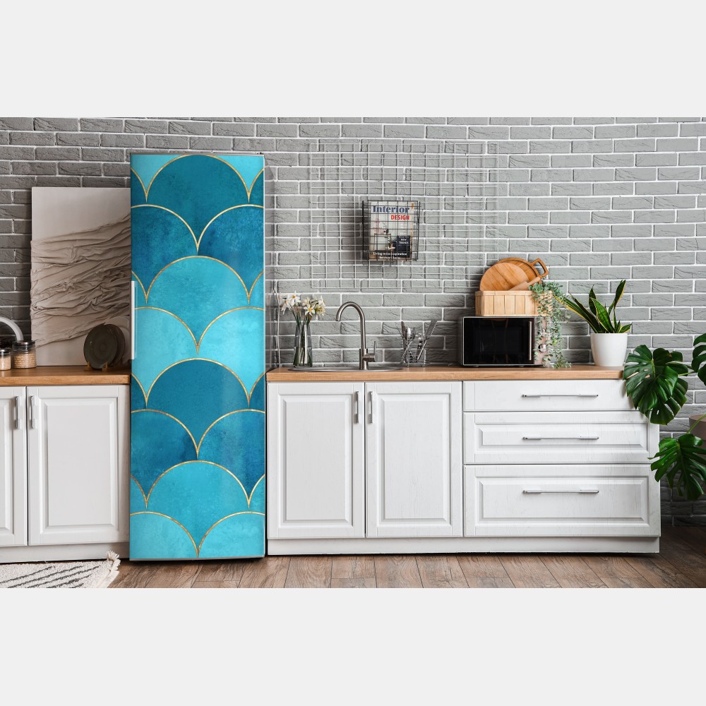 Naklejka na lodówkę turkusowy wzór łusek z złotymi detalami – Wallissimo® Naklejka na lodówkę turkusowy wzór łusek z złotymi detalami – Wallissimo®