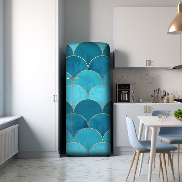 Naklejka na lodówkę turkusowy wzór łusek z złotymi detalami – Wallissimo® Naklejka na lodówkę turkusowy wzór łusek z złotymi detalami – Wallissimo®
