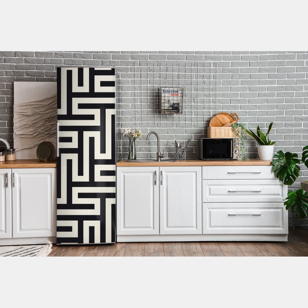 Naklejka na lodówkę geometryczny wzór labiryntu w beżu i czerni – Wallissimo® Naklejka na lodówkę geometryczny wzór labiryntu w beżu i czerni – Wallissimo®