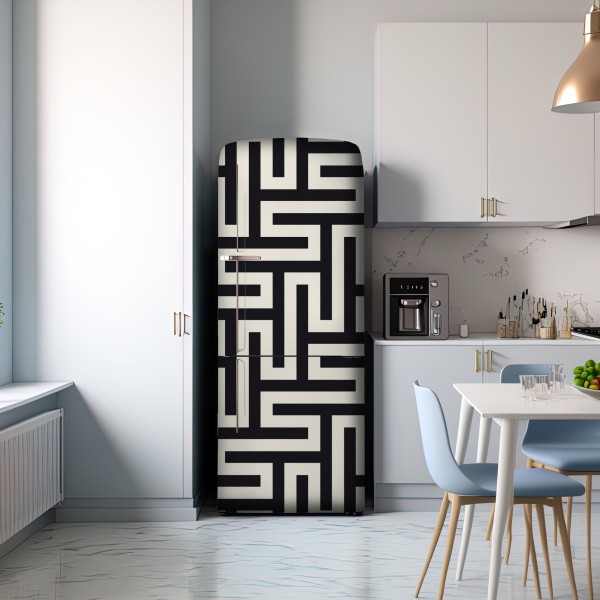 Naklejka na lodówkę geometryczny wzór labiryntu w beżu i czerni – Wallissimo® Naklejka na lodówkę geometryczny wzór labiryntu w beżu i czerni – Wallissimo®