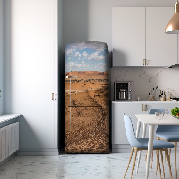 Naklejka na lodówkę bezgraniczne wydmy pustyni pod błękitnym niebem – Wallissimo® Naklejka na lodówkę bezgraniczne wydmy pustyni pod błękitnym niebem – Wallissimo®