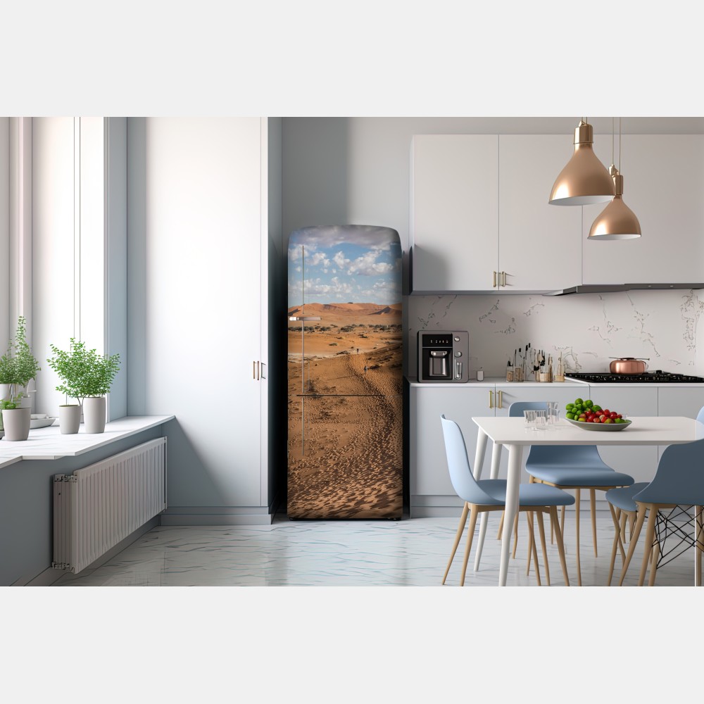 Naklejka na lodówkę bezgraniczne wydmy pustyni pod błękitnym niebem – Wallissimo® Naklejka na lodówkę bezgraniczne wydmy pustyni pod błękitnym niebem – Wallissimo®