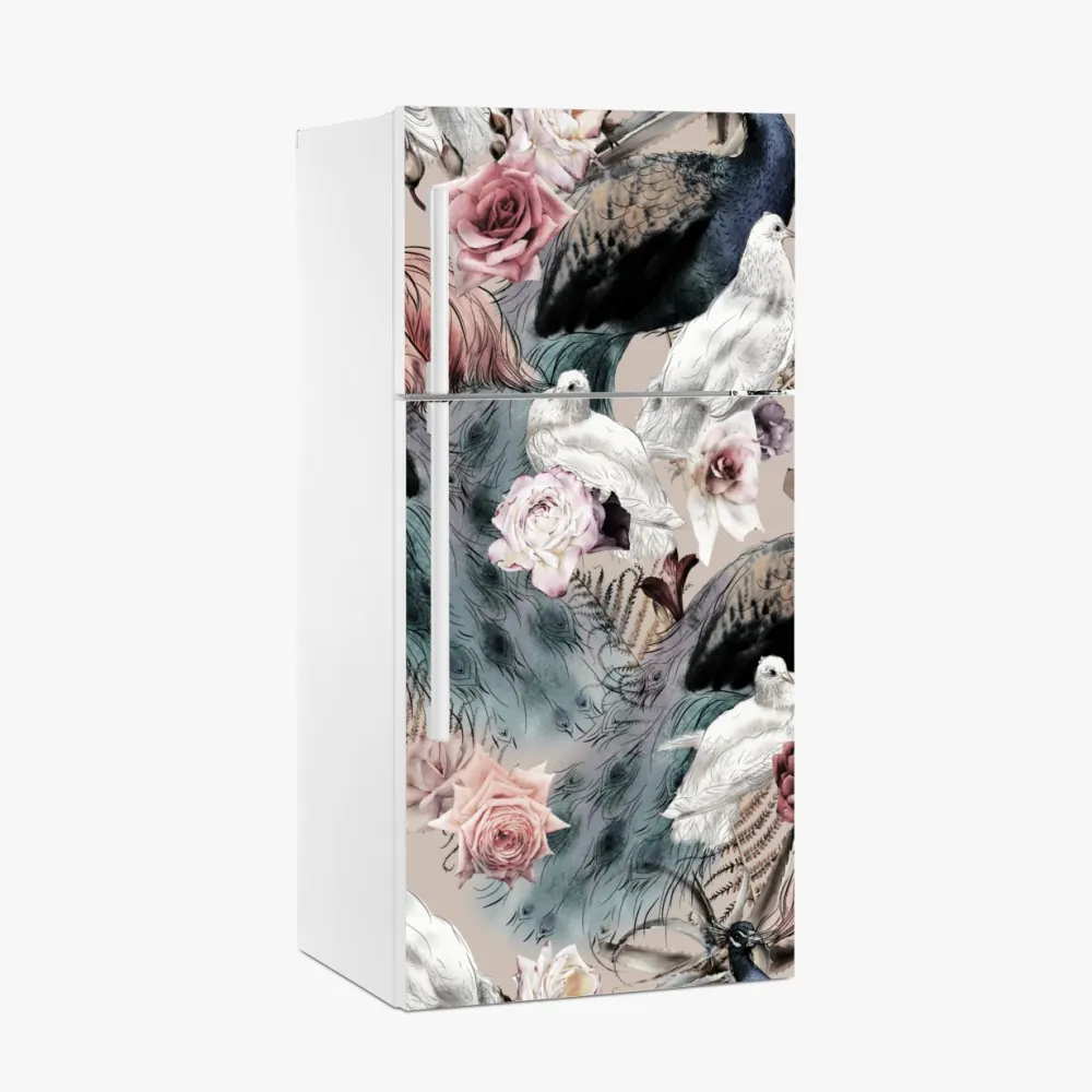 Naklejka na lodówkę akwarelowy wzór z ptakami i różami – Wallissimo® Naklejka na lodówkę akwarelowy wzór z ptakami i różami – Wallissimo®