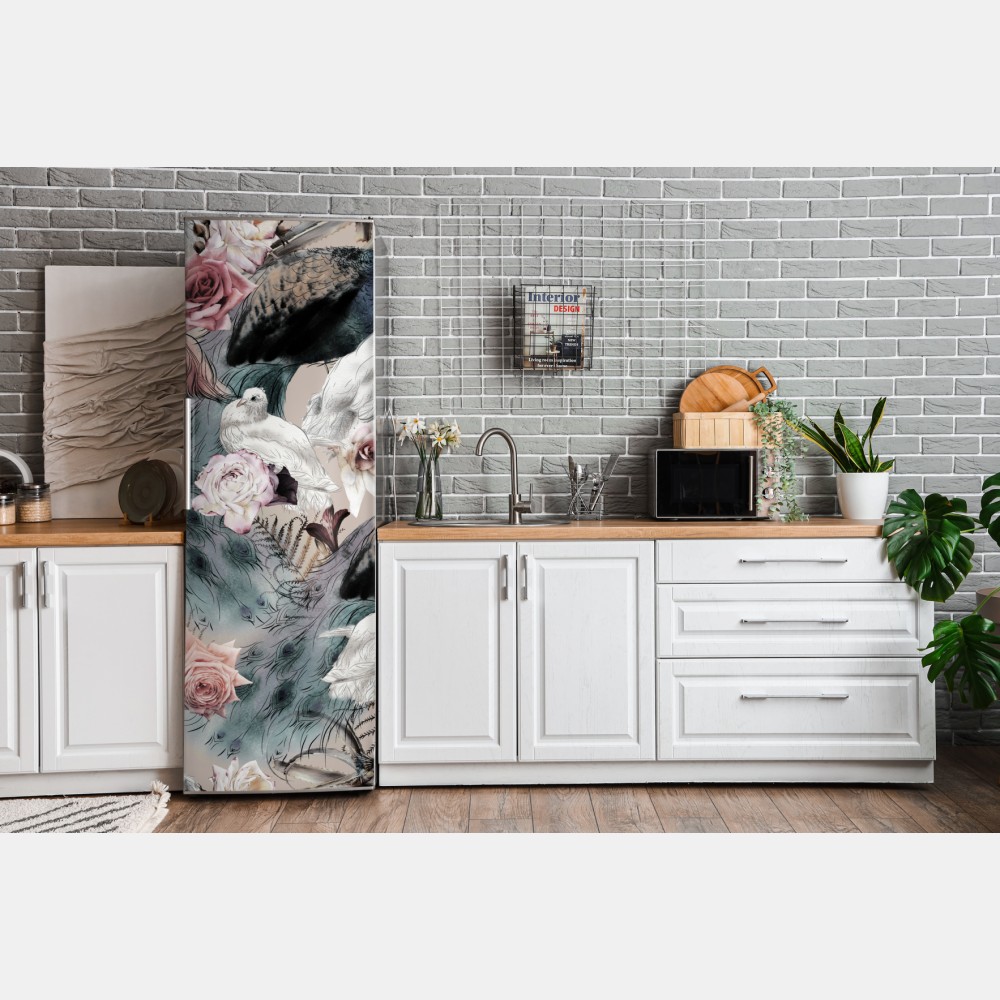 Naklejka na lodówkę akwarelowy wzór z ptakami i różami – Wallissimo® Naklejka na lodówkę akwarelowy wzór z ptakami i różami – Wallissimo®
