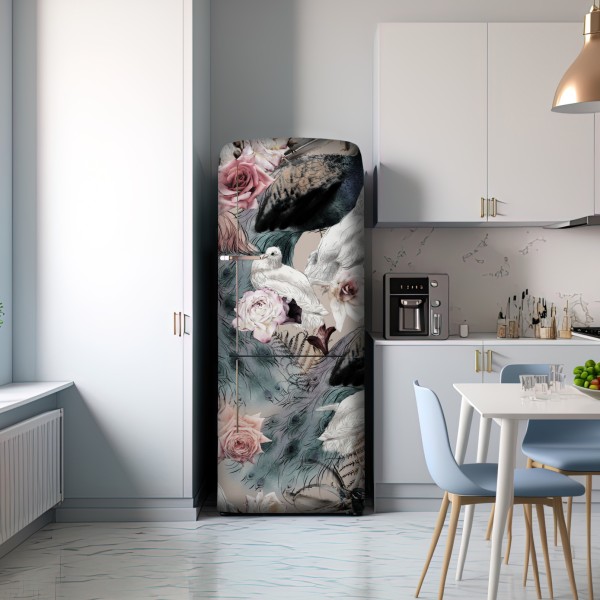 Naklejka na lodówkę akwarelowy wzór z ptakami i różami – Wallissimo® Naklejka na lodówkę akwarelowy wzór z ptakami i różami – Wallissimo®