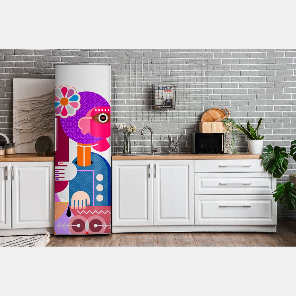 Naklejka na lodówkę mężczyzna z tęczą jadący na geometrycznym ptaku – Wallissimo® Naklejka na lodówkę mężczyzna z tęczą jadący na geometrycznym ptaku – Wallissimo®