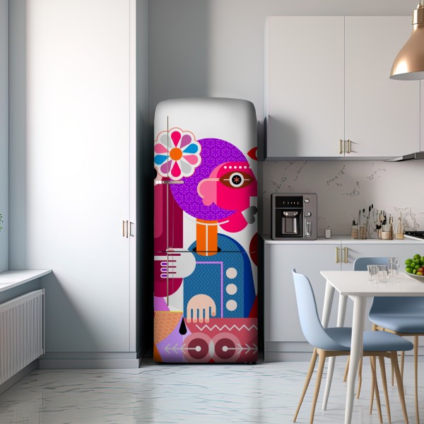 Naklejka na lodówkę mężczyzna z tęczą jadący na geometrycznym ptaku – Wallissimo® Naklejka na lodówkę mężczyzna z tęczą jadący na geometrycznym ptaku – Wallissimo®