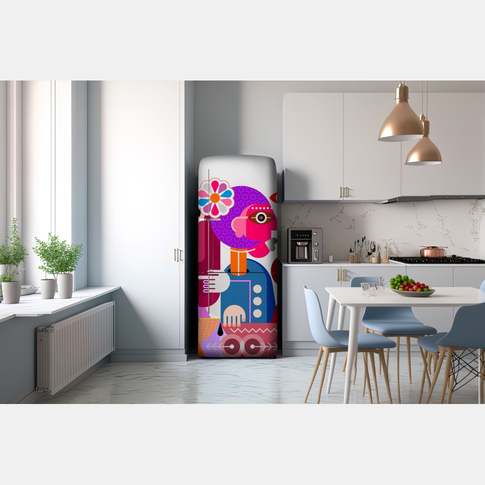 Naklejka na lodówkę mężczyzna z tęczą jadący na geometrycznym ptaku – Wallissimo® Naklejka na lodówkę mężczyzna z tęczą jadący na geometrycznym ptaku – Wallissimo®