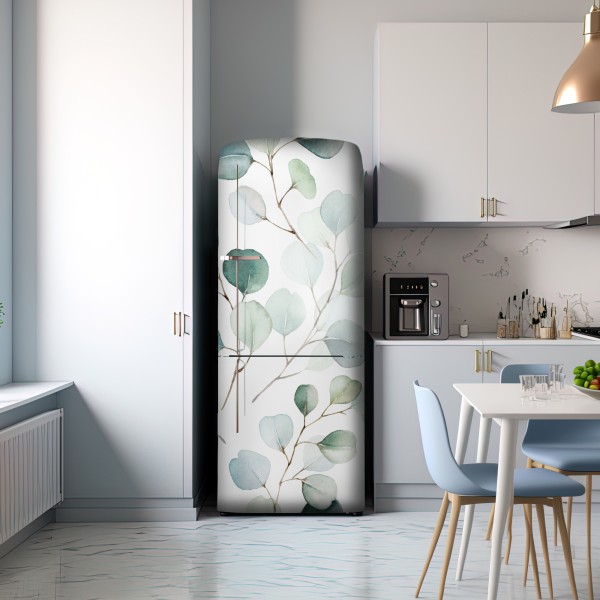 Naklejka na lodówkę delikatny wzór liści eukaliptusa w akwareli – Wallissimo® Naklejka na lodówkę delikatny wzór liści eukaliptusa w akwareli – Wallissimo®