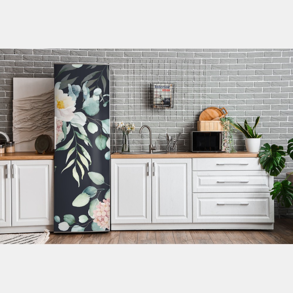 Naklejka na lodówkę elegancki akwarelowy wzór kwiatowy na ciemnym tle – Wallissimo® Naklejka na lodówkę elegancki akwarelowy wzór kwiatowy na ciemnym tle – Wallissimo®