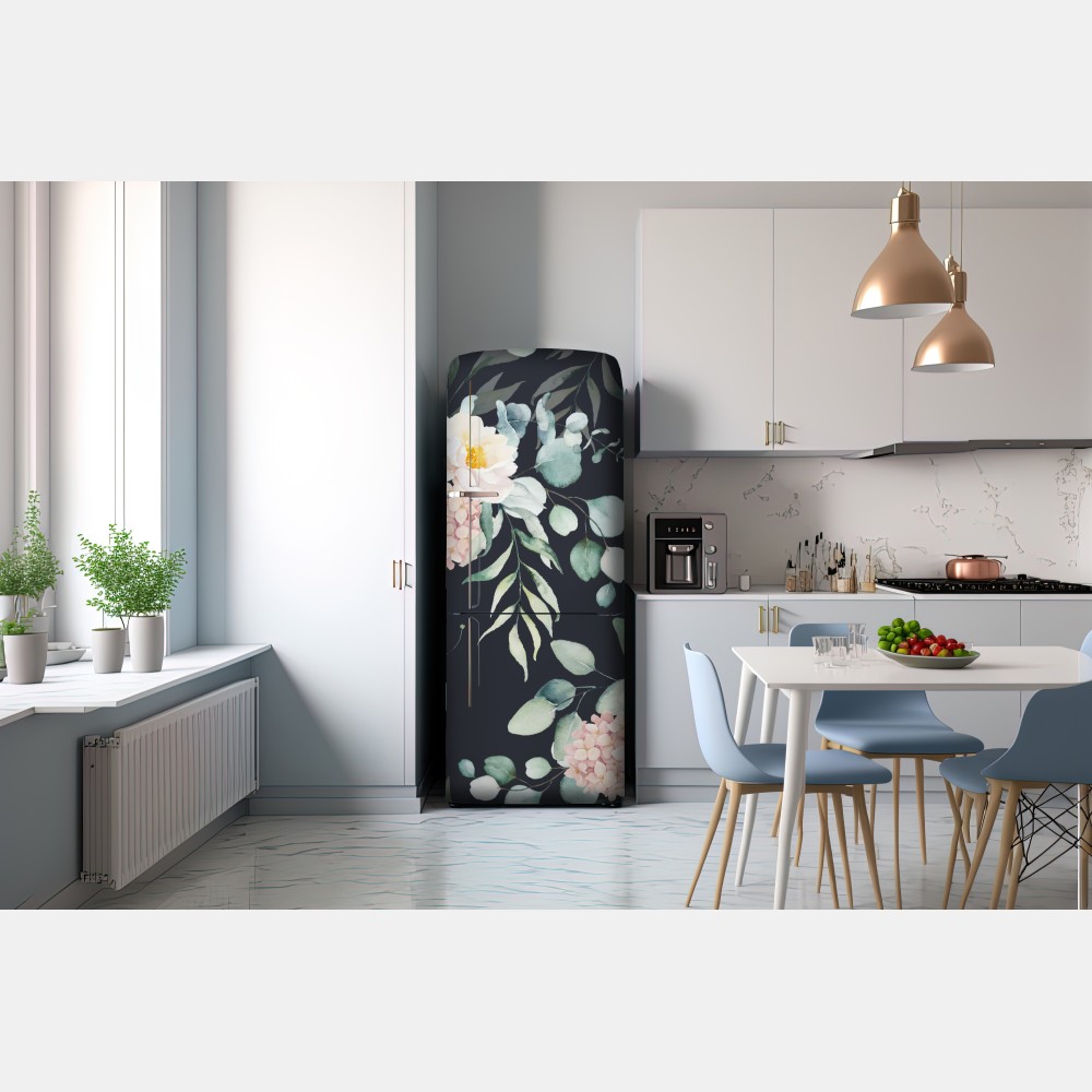 Naklejka na lodówkę elegancki akwarelowy wzór kwiatowy na ciemnym tle – Wallissimo® Naklejka na lodówkę elegancki akwarelowy wzór kwiatowy na ciemnym tle – Wallissimo®