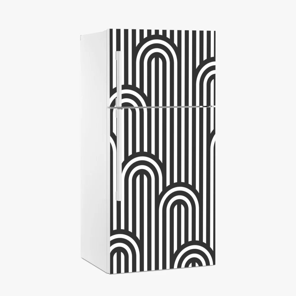 Naklejka na lodówkę czarno-biały geometryczny wzór w paski – Wallissimo® Naklejka na lodówkę czarno-biały geometryczny wzór w paski – Wallissimo®