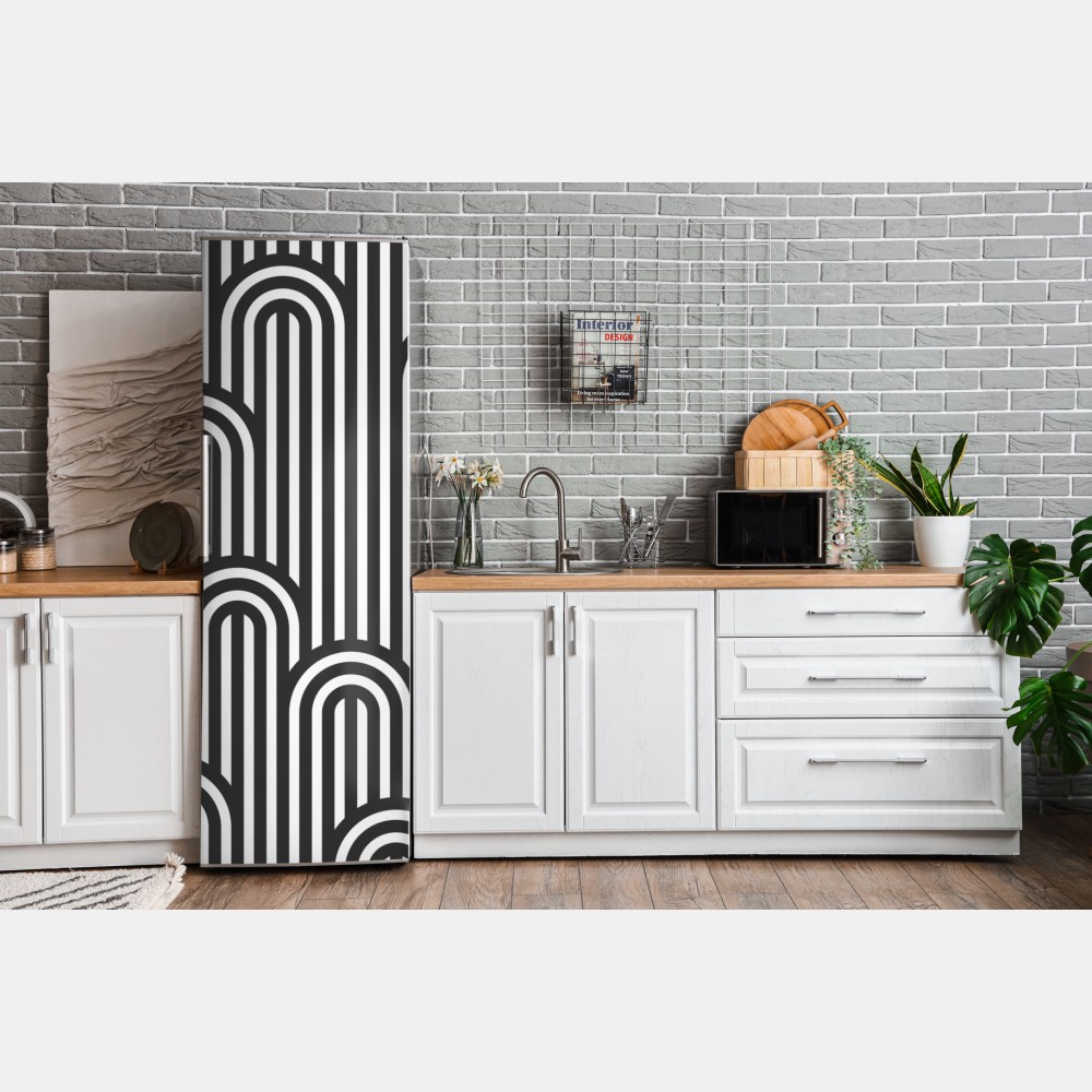 Naklejka na lodówkę czarno-biały geometryczny wzór w paski – Wallissimo® Naklejka na lodówkę czarno-biały geometryczny wzór w paski – Wallissimo®