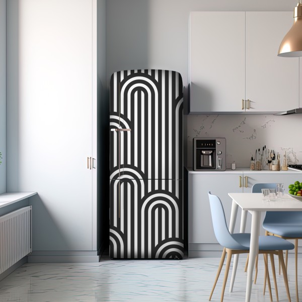 Naklejka na lodówkę czarno-biały geometryczny wzór w paski – Wallissimo® Naklejka na lodówkę czarno-biały geometryczny wzór w paski – Wallissimo®